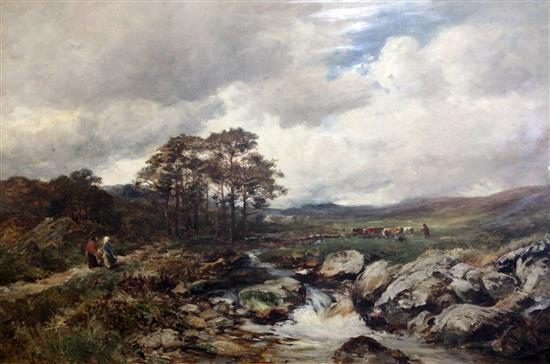 David Bates (1840-1921) Travellers and cattle drover in a landscape, 20 x 30in.